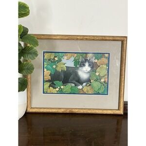 Vintage Hallmark Cat In Garden Wall Art – 1987 Framed Cottage Decor 14.75"x12"